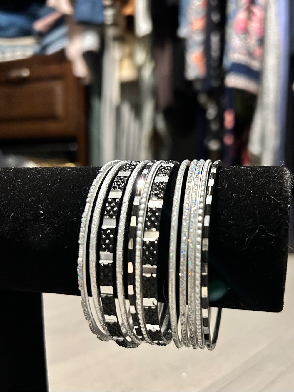 12 Stackable Black and Silver Women's Bangle Bracelet Set